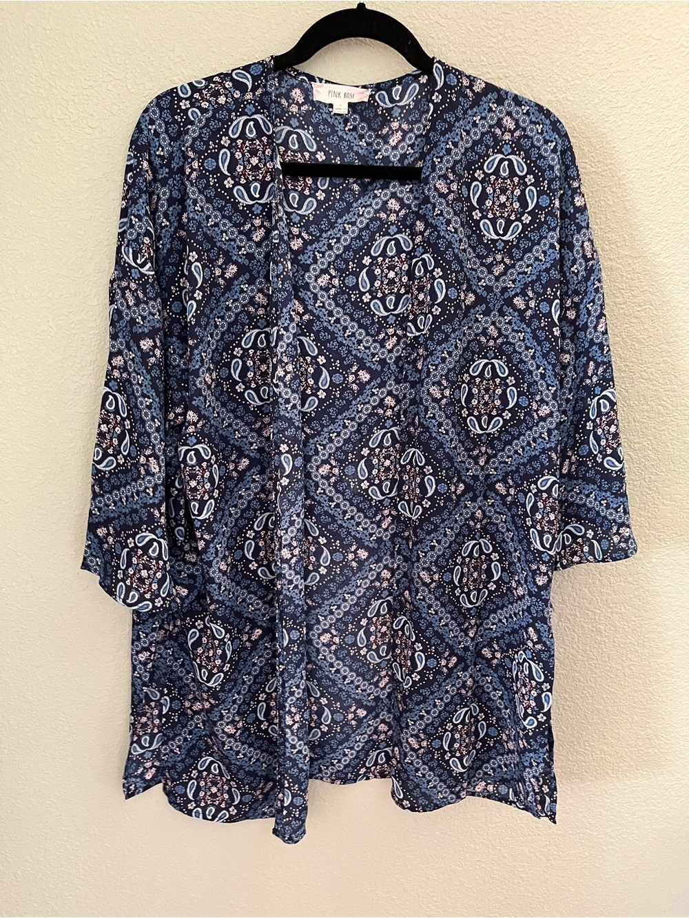 Pink Rose Blue Paisley Open-Front Tunic Kimono